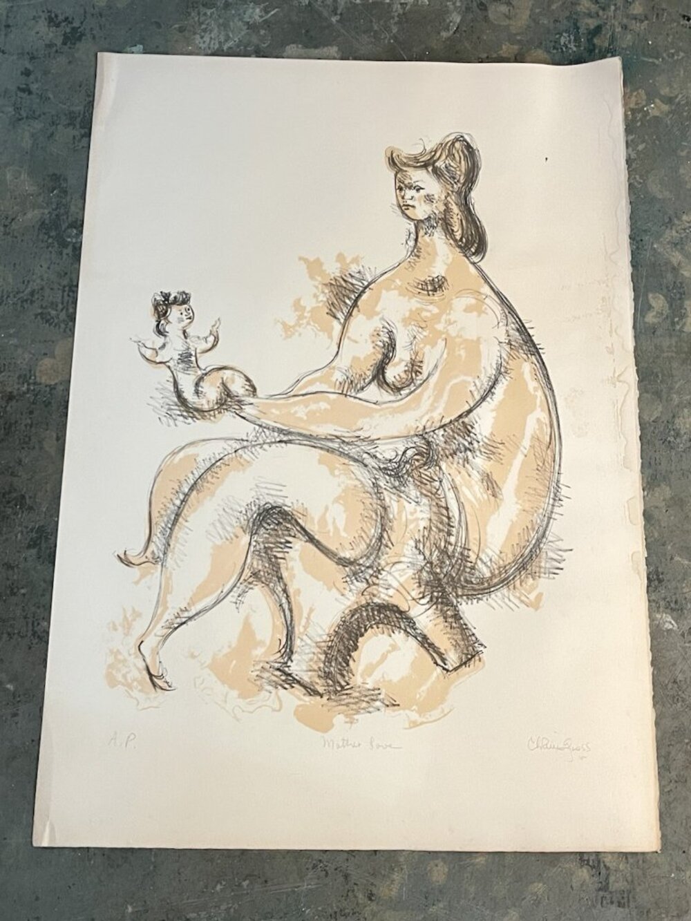 Chaim Gross Lithograph Mother & Child Signed Modernist Nude Artist Proof LARGE